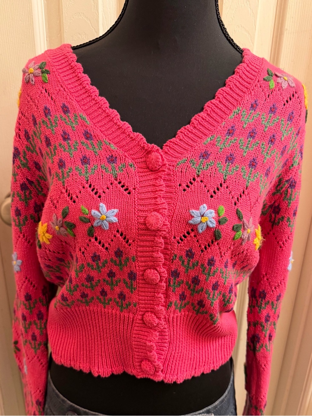 Zara Hot Pink Floral Embroidered Knit Cardigan